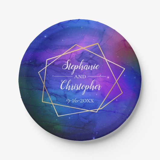 パープルネブラシアルアートジオメトリック結婚金ゴールド ペーパープレート (正面)