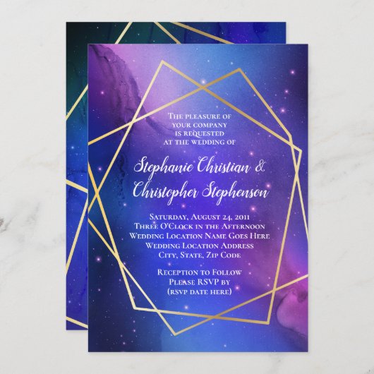パープルネブラシアルアートジオメトリック結婚金ゴールド 招待状 (正面/裏面)