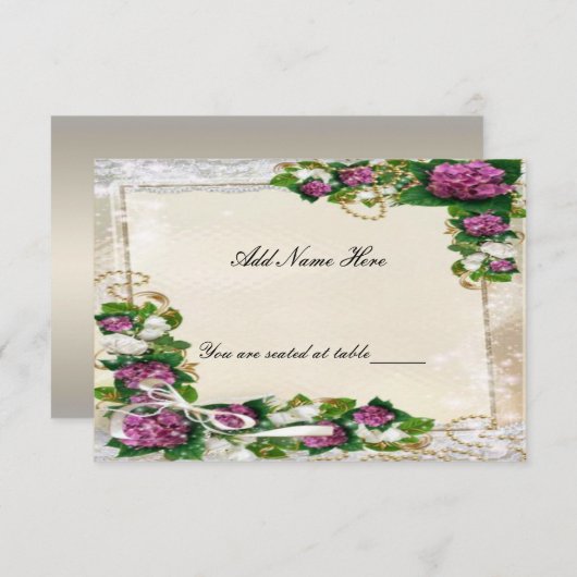 パープルハイドランジアとレースのテーブルプレイスカード 招待状 (正面/裏面)