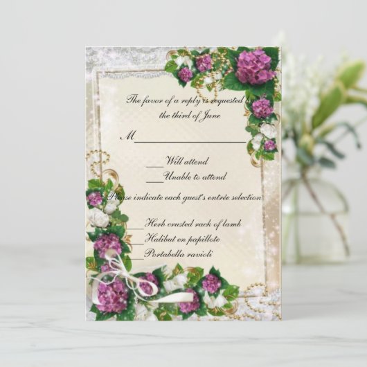 パープルハイドレンジアとレースの返信カード 招待状 (スタンド正面)