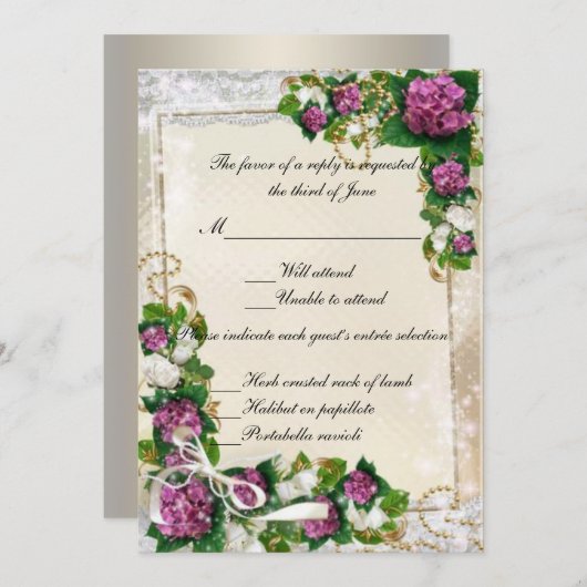 パープルハイドレンジアとレースの返信カード 招待状 (正面/裏面)