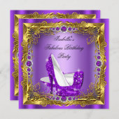 パープルハイヒールウーマンバースデーパーティー 招待状 (正面/裏面)