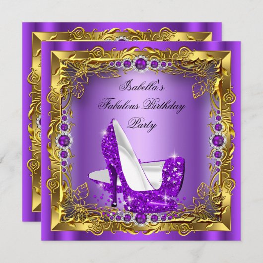 パープルハイヒールウーマンバースデーパーティー 招待状 (正面/裏面)