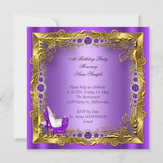 パープルハイヒールウーマンバースデーパーティー 招待状 (裏面)