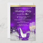 パープルハイヒールシューズシルバー金ゴールドシャンパンパーティー 招待状 (正面)