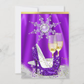 パープルハイヒール金ゴールドシャンパンスノーフレークパーティー 招待状 (裏面)