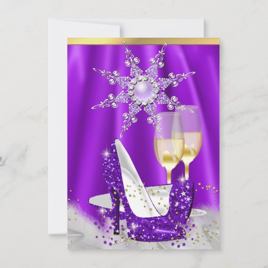 パープルハイヒール金ゴールドシャンパンスノーフレークパーティー 招待状 (裏面)