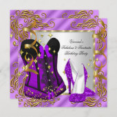 パープルハイヒール金ゴールドシルバーセット誕生日パーティー 招待状 (正面/裏面)