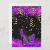 パープルハイヒール金ゴールドブラックグリッター誕生日パーティー 招待状 (裏面)