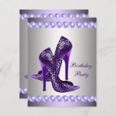 パープルハイヒール靴誕生日パーティー 招待状 (正面/裏面)