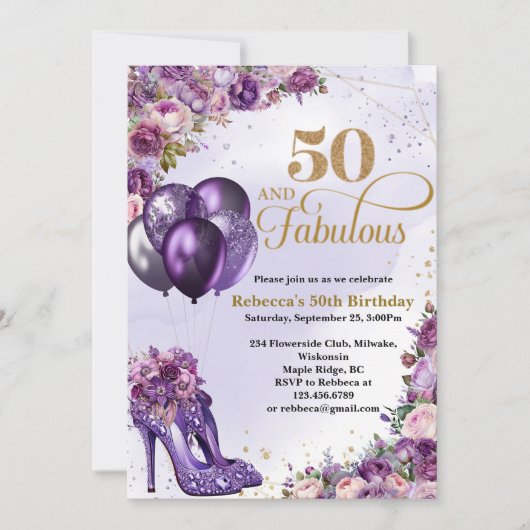 パープルハイヒール50番目の誕生日招待状 招待状 (正面)