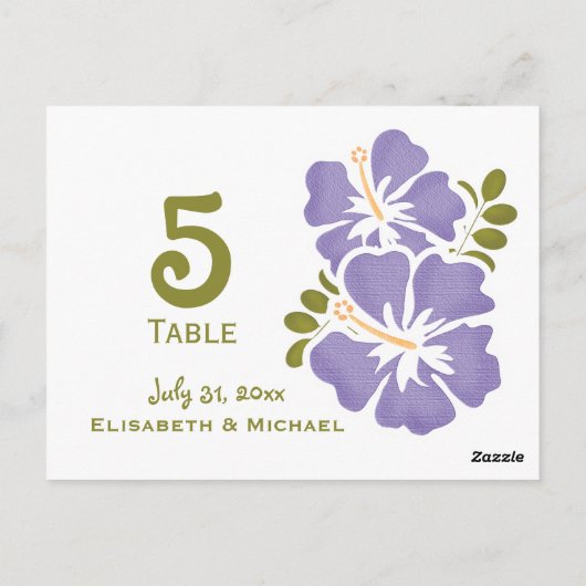 パープルハイビスカスウェディングレセプションテーブルナンバーカー ポストカード (裏面)