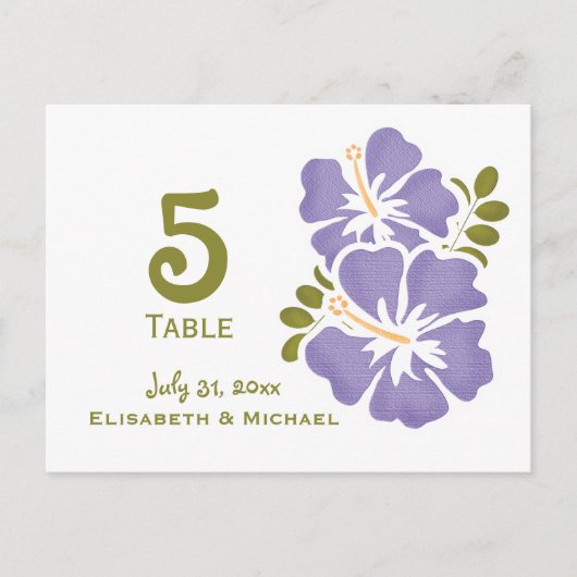 パープルハイビスカスウェディングレセプションテーブルナンバーカー ポストカード (正面)