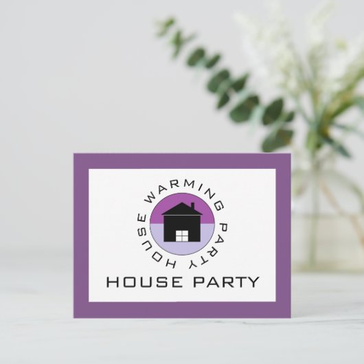 パープルハウスロゴ、引っ越し祝いパーティーパーティの招待状 インビテーションポストカード (スタンド正面)