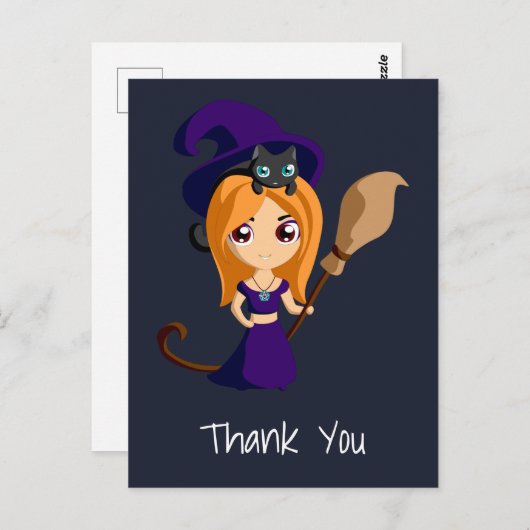 パープルハットにかわいい魔女パーティーありがとう ポストカード (正面/裏面)