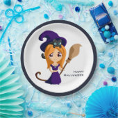 パープルハットハロウィンのかわいい魔女 ペーパープレート (パーティー)