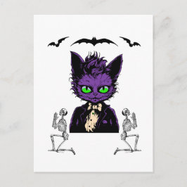 パープルハロウィンねこ with bats とスケルトン ポストカード