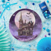 パープルハロウィン幽霊のよく出るハウスこうもりフルムーン ペーパープレート (パーティー)