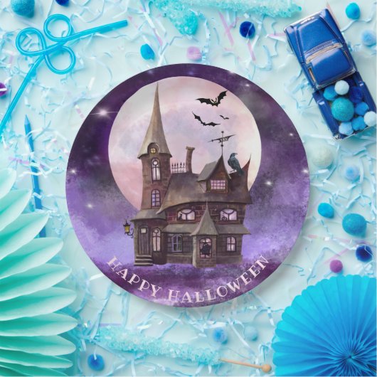 パープルハロウィン幽霊のよく出るハウスこうもりフルムーン ペーパープレート (パーティー)
