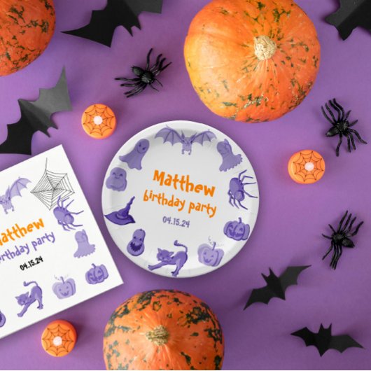 パープルハロウィーンをテーマにした誕生日パーティー紙プレート ペーパープレート