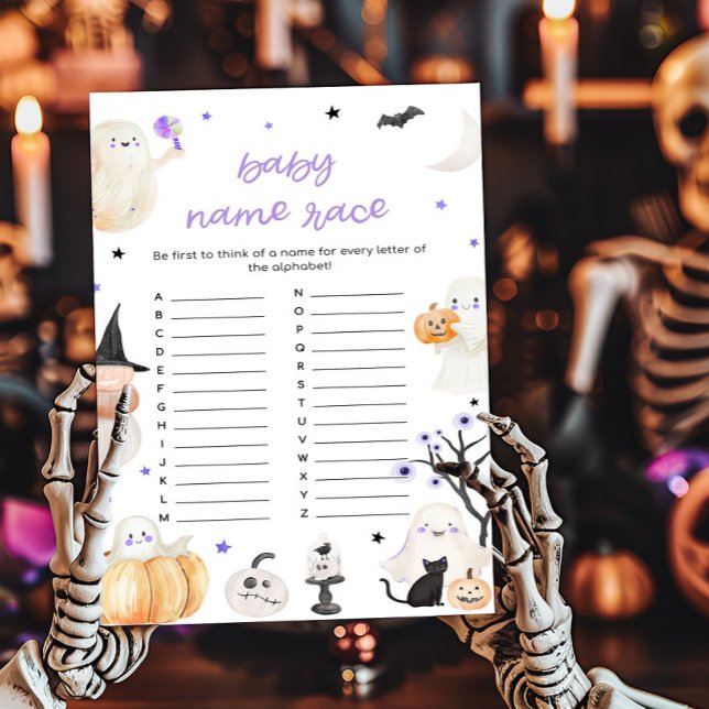 パープルハロウィーンリトルブーベビー名レースゲーム (A Little Boo Baby Shower Baby Name Race Game)