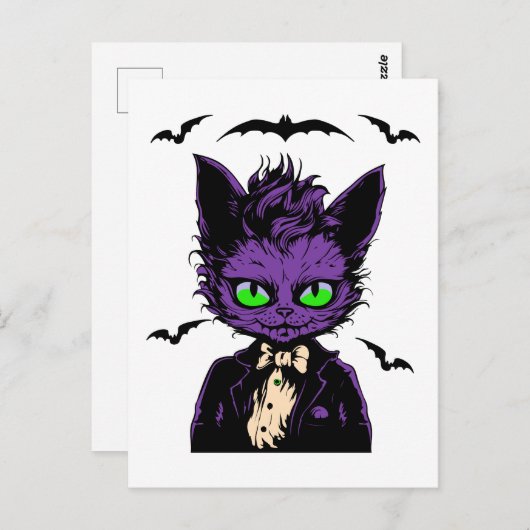 パープルハロウィーン猫とこうもり ポストカード (正面/裏面)