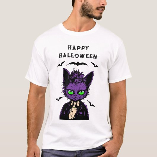 パープルハロウィーン猫 Tシャツ (正面)