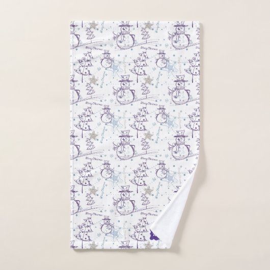パープルハンドドローすてきドクリスマス雪だるま バスタオルセット (ハンドタオル)