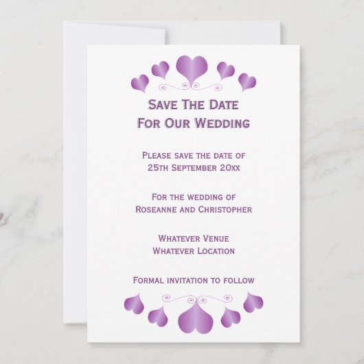 パープルハートのデザインの結婚式 セーブザデート (正面)