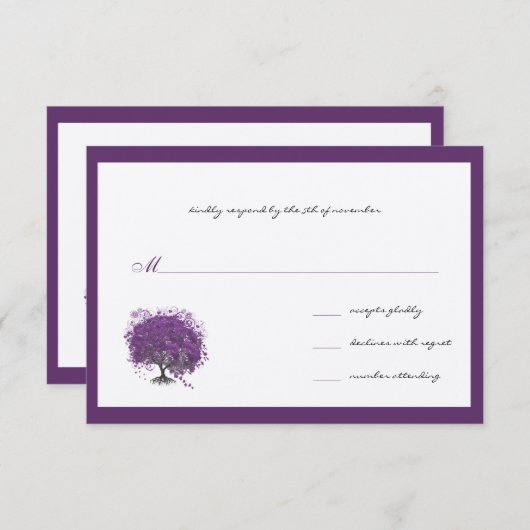 パープルハートの葉の木の境界の結婚式の招待状 出欠カード (正面/裏面)