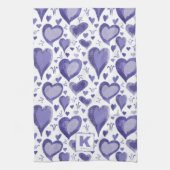 パープルハートパターンスケッチモノグラム キッチンタオル (縦)