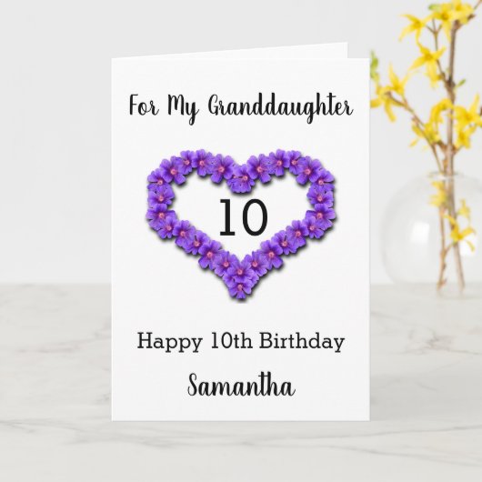 パープルハートフラワー10誕生日孫娘 カード (黄色い花)