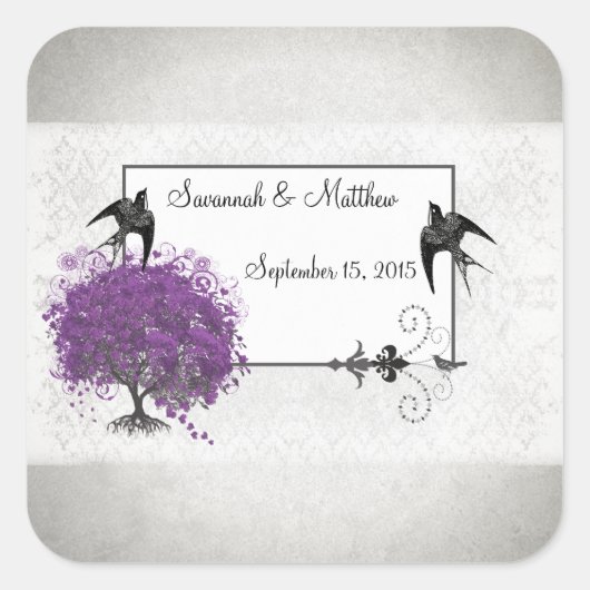 パープルハートリーフツリーウェディング スクエアシール (正面)