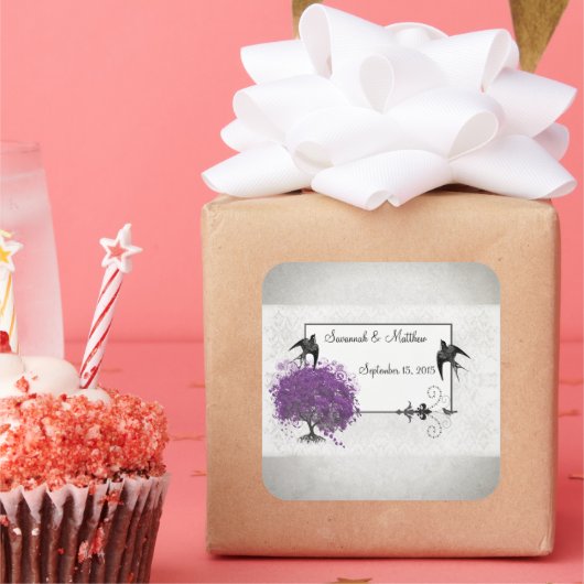 パープルハートリーフツリーウェディング スクエアシール (パーティー)