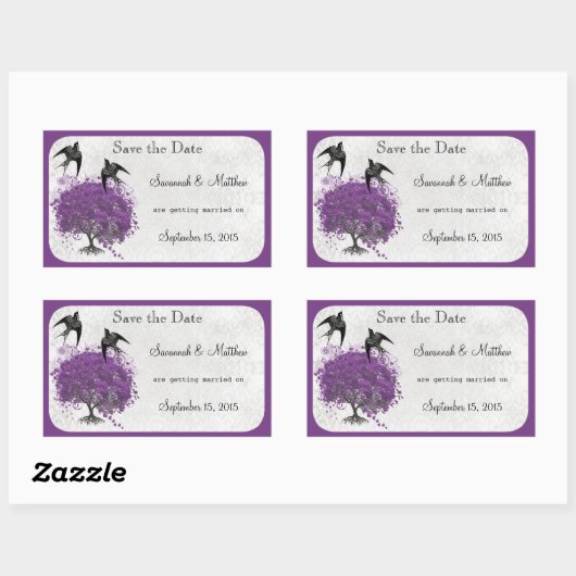 パープルハートリーフツリーウェディング 長方形シール (シート)