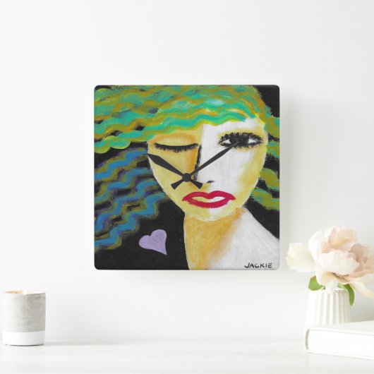 パープルハート抽象芸術アートを持つ女性 スクエア壁時計 (ホーム)