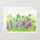 パープルバイオレットの水彩花 春の庭園 ポストカード (正面/裏面)