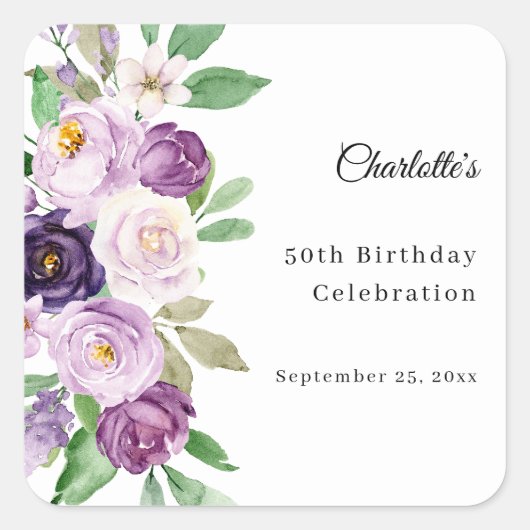 パープルバイオレットの花の誕生日 スクエアシール (正面)
