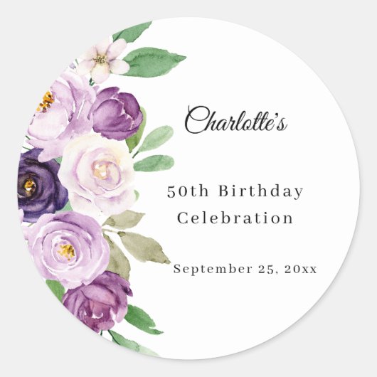 パープルバイオレットの花の誕生日 ラウンドシール (正面)