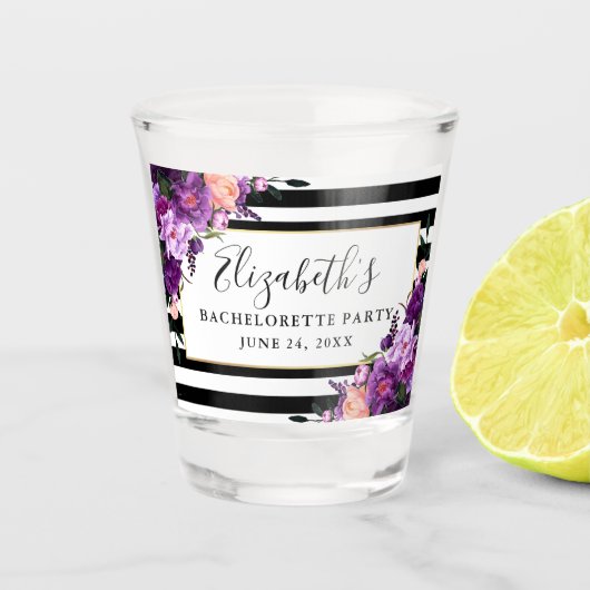 パープルバイオレットフラワーストライプ独身最後の夜 ショットグラス (正面)