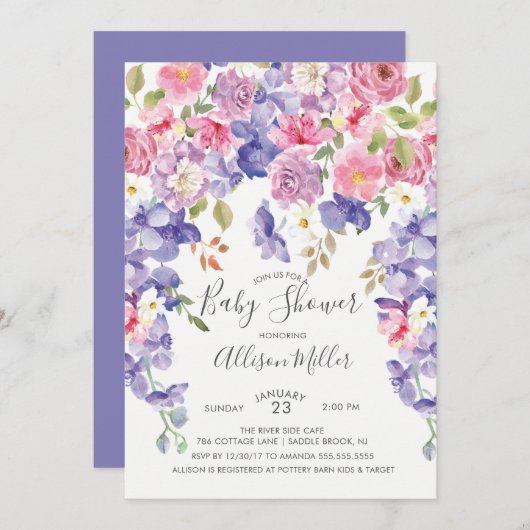 パープルバイオレットフローラベビーシャワー招待状 招待状 (正面/裏面)