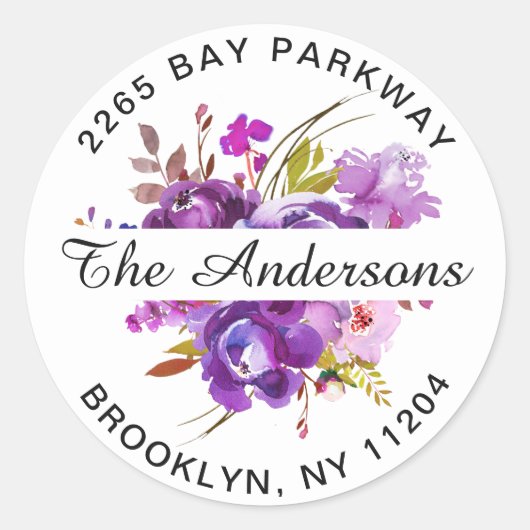 パープルバイオレットフローラ差出人住所封筒用シール ラウンドシール (正面)