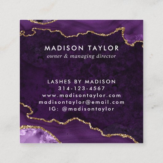 パープルバイオレット金ゴールドグリッター大理石アゲートモノグラム スクエア名刺 (裏面)