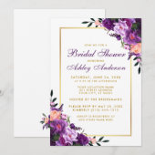 パープルバイオレット フラワーデザイン ゴールドのウェディングシャワー招待状 招待状 (正面/裏面)