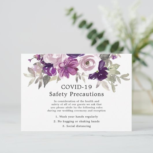 パープルバイオレット フローラル ウェディング COVID-19 安全対策 エンクロージャーカード (スタンド正面)