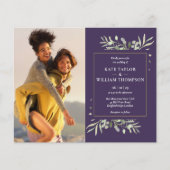 パープルバジェットグリーンリーフォト結婚式招待状 (正面)