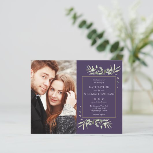 パープルバジェットグリーンリーフォト結婚式招待状 (スタンド正面)