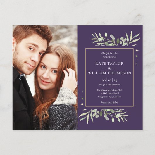 パープルバジェットグリーンリーフォト結婚式招待状 (正面)