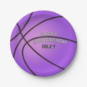 パープルバスケットボールバーシティフォントハッピーバースデー名 ペーパープレート (正面)