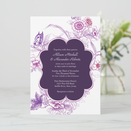 パープルバタエレガントフライ結婚式招待状 招待状 (スタンド正面)